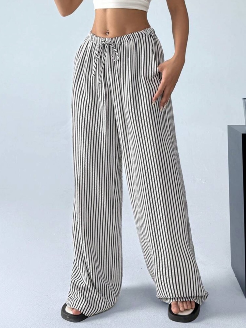 SHEIN Women's Casual Striped Wide-Leg Long Pants - Picture 2 of 6